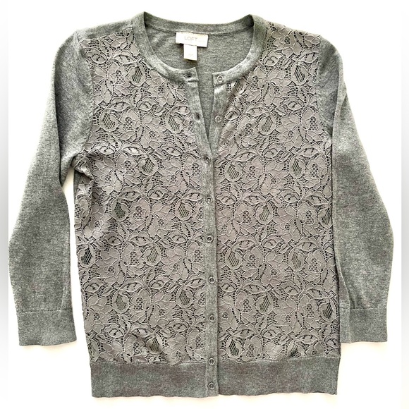 LOFT Gray Lace Cotton/Nylon Stretch Women's Light Sweater - Picture 11 of 15